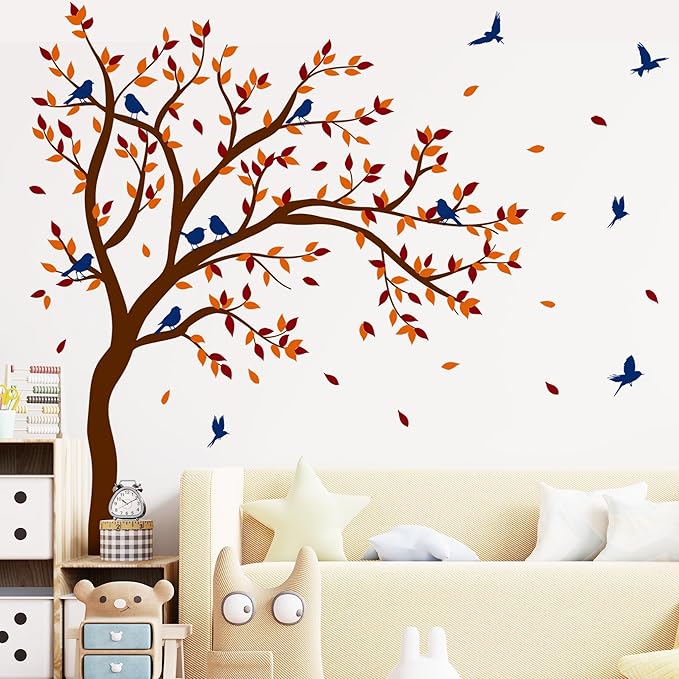 Large Tree Wall Decals,Autumn Nursery Tree Wall Sticker Decors,Peel and Stick Autumn Theme Art Decals for Kids Bedroom Nursery Playroom Library Living Room and Bedroom Decoration