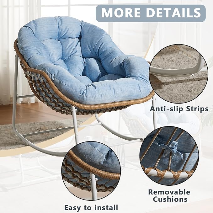 Oversized Outdoor Papasan Rocking Chair Set of 2 with Soft Cushion, Comfy Patio Egg Chair, Wicker Lounge Rocker for Balcony/Porch/Garden, Reinforced All Weather Rattan Frame, Sky Blue