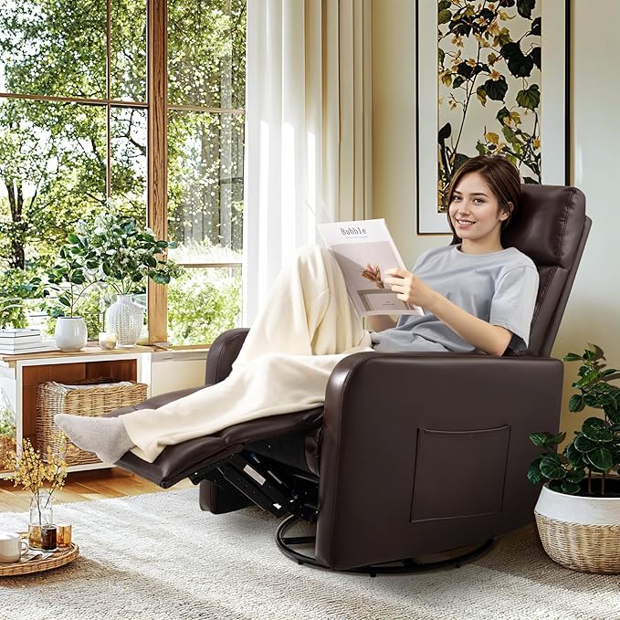 Swivel Rocking Recliner Chair for Small Space, Manual Swivel Glider Recliner for Nursery,RV,Rocking Recliner with Footrest and Side Pocket,Breathable Leather,Dark Brown