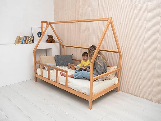 BUSY WOOD Montessori Bed for Toddlers - Cozy House Bed for Kids - Wooden Loft Toddler Bed Frame - House Bed Frame - Montessori Bed with Rails - Toddler Bedroom Furniture (Model 1, Legs and Slats)