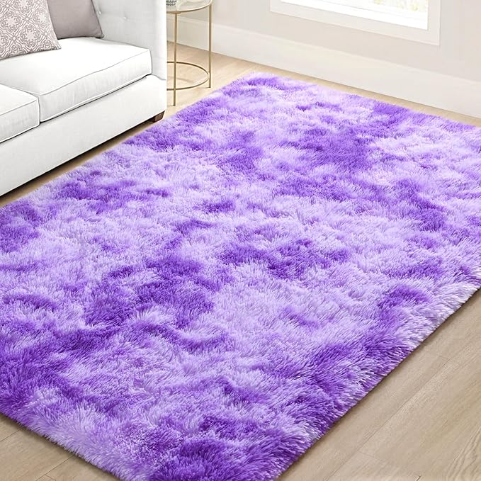 EVOIONOS Area Rug for Bedroom Living Room, Machine Washable 4x6 Fluffy Shag Rug, Soft Plush Non Slip Carpet for Indoor Floor Bedside Nursery Girls Kids Room Dorm, Home Decor Aesthetic, Tie-Dyed Purple