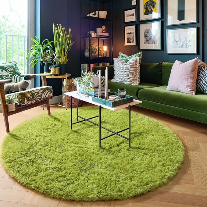 Grass Green Round Rugs 5Ft for Bedroom, Fluffy Shaggy Circle Area Rugs for Kids Playroom Baby Nursery, Cozy Cool Living Room Decor Aesthetic, Cute Fuzzy Furry Plush Carpet for Teen Girls Boys Toddler