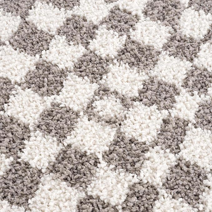 Hauteloom Kieu Contemporary Checkered Fluffy Shag Area Rug - Modern Geometric Soft Carpet Tiles for Living Room, Kids Room, Nursery - Gray, Light Grey, White - 5'3" x 7'