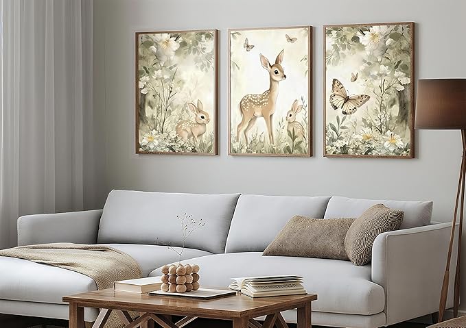 3Pcs Woodland Animal Nursery Canvas Wall Art Cute Forest Animal Wall Decor Pictures Deer and Butterfly Wildflowers Posters Prints for Nursery Bedroom Kids Room Home Decoration Unframed Posters 16x24in