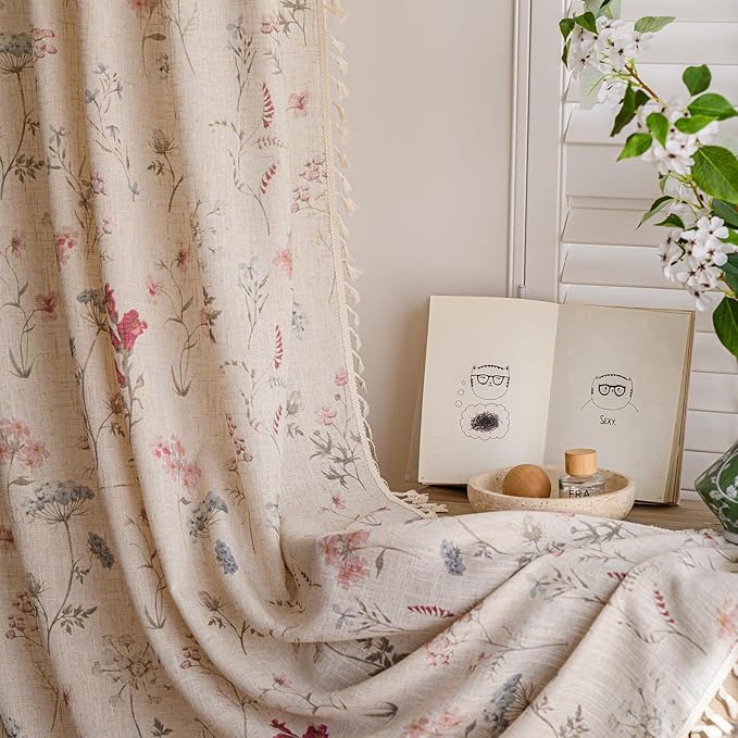 OYX Floral Curtains 2 Panels 52x63 Inches, Boho Tassel Semi-Sheer Light Filtering, Rod Pocket Farmhouse Window Drapes for Bedroom Living Room Dining Room, Bohemian Aesthetic Decor