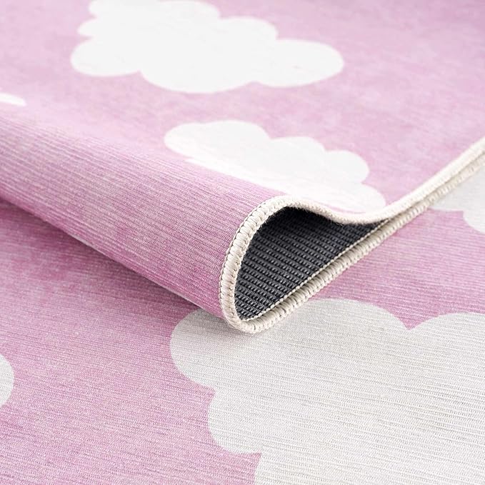 Hauteloom Nizar Girls Room, Nursery Machine Washable Area Rug - Clouds - Pink, Cream - 5'3" x 7'3"