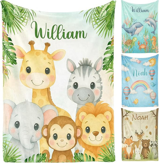 Personalized Woodland Baby Blanket with Name, Custom Name Blanket for Boy, Printed in USA, Super Soft Blankets for Newborn, Customized Gifts for Baby Shower Birthday Christmas