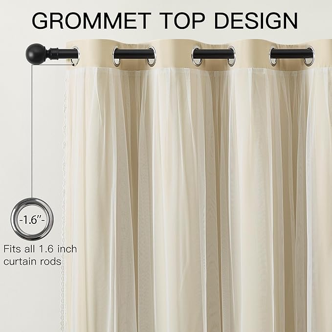 XiDi Beige Blackout Curtains with Sheer Overlay for Bedroom 2 Panels 63 Inches Long Double Layer Curtains with Lace Hem for Kids Girls Room Decor Thermal Insulated Grommet Short Window Drapes W52XL63