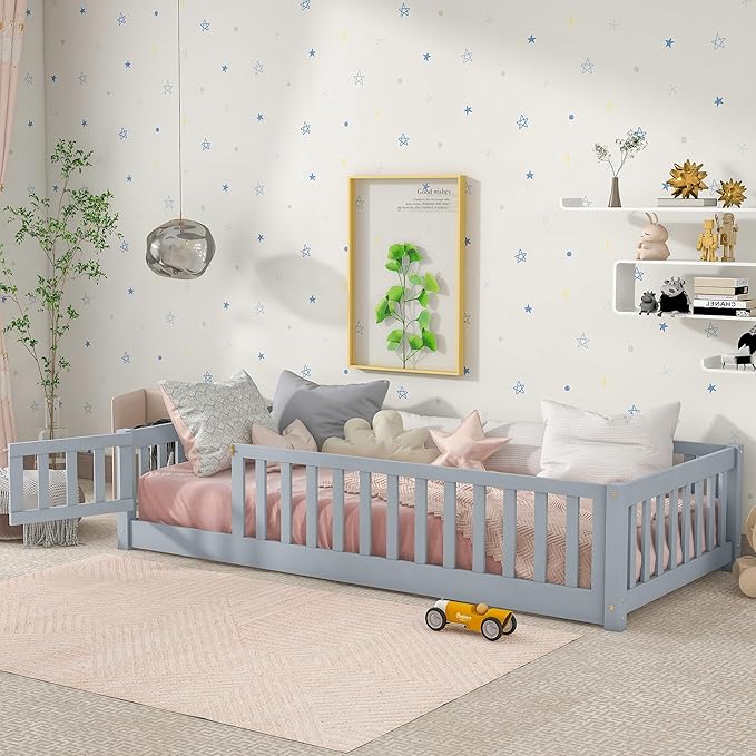 Bellemave Twin Size Floor Bed Frame with Fence and Door for Kids, Montessori Floor Bed with Slats and Safety Guardrails,Solid Wood Twin Bed Frame for Girls Boys,Grey
