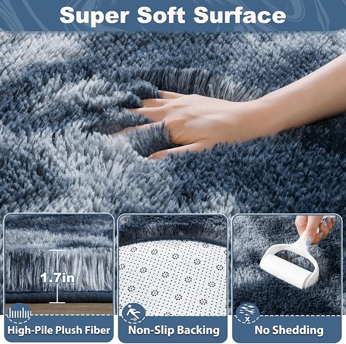 EVOIONOS Tie-Dyed Blue Grey Round Rug for Bedroom, 4x4 Ft Fluffy Soft Circle Area Rugs for Living Room, Plush Shaggy Circular Carpet for Indoor Floor Bedside Kids Nursery, Home Decor Aesthetic