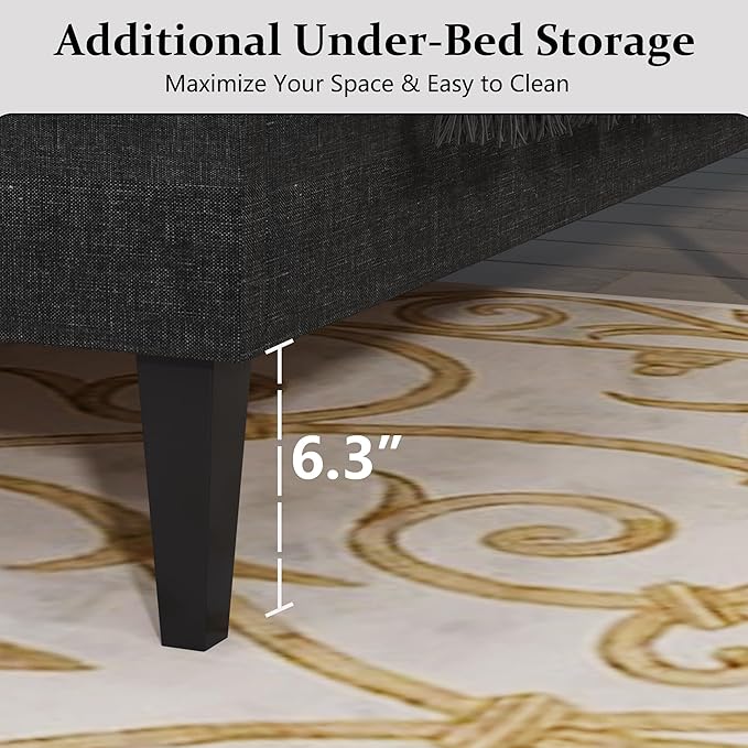 Full Size Bed Frame with Headboard, Upholstered Platform Bed with Adjustable Button Tufted Headboard, Fabric Bed Frame with Wooden Slats Support, No Box Spring Required, Easy Assembly, Dark Grey