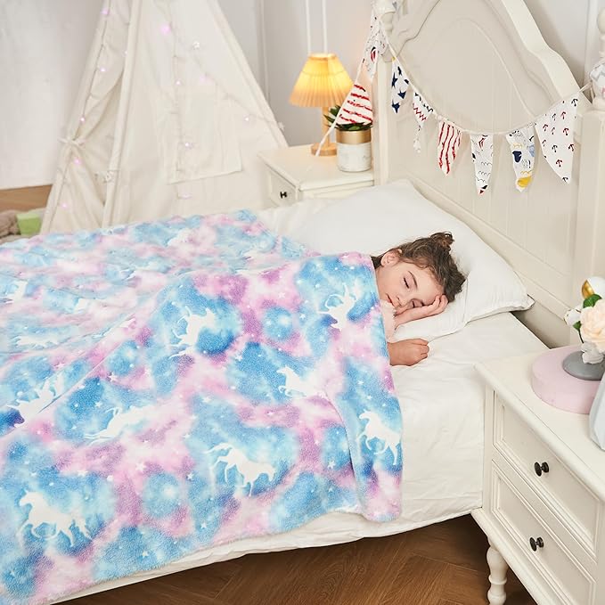 inhand Blue Unicorn Toys Glow in The Dark for Blanket,Unicorn Gifts for Girls Age 1 2 3 4 5 6 7 8 9 10 11 12 13 Birthday Halloween Christmas Cute Soft Room Decor Kids Blanket Blue Rainbow 50"X60"