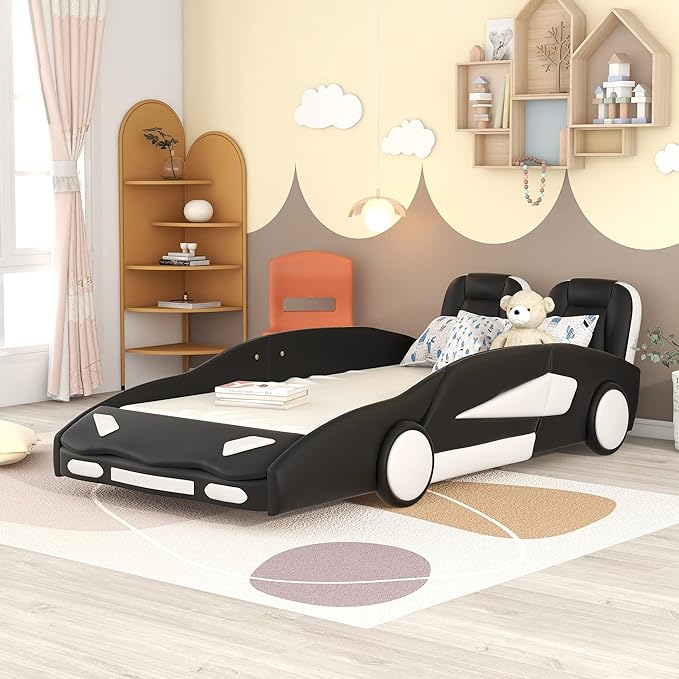 Harper & Bright Designs Twin Size Race Car-Shaped Platform Bed with Wheels, Black