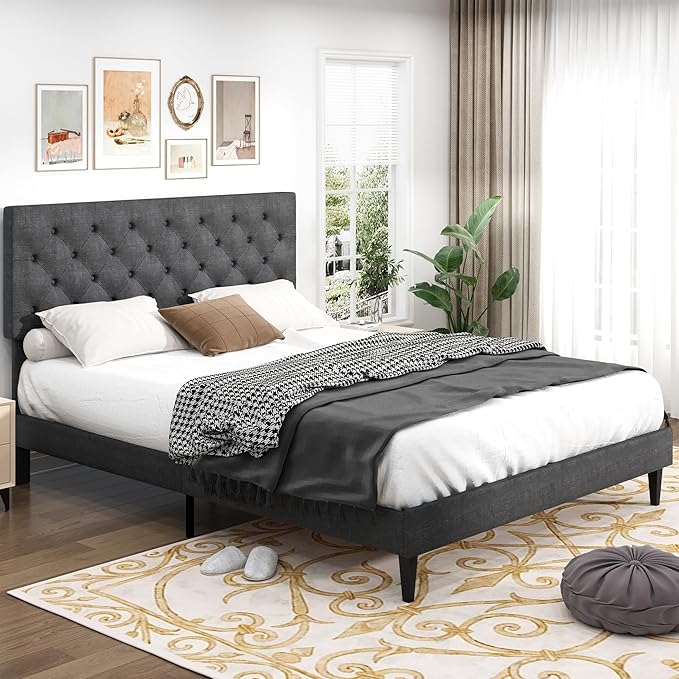 BarnFurin Queen Bed Frame, Upholstered Platform Bed with Button Tufted Headboard, Fabric Queen Size Beds with Wooden Slats Support, No Box Spring Required, Easy Assembly, Light Grey