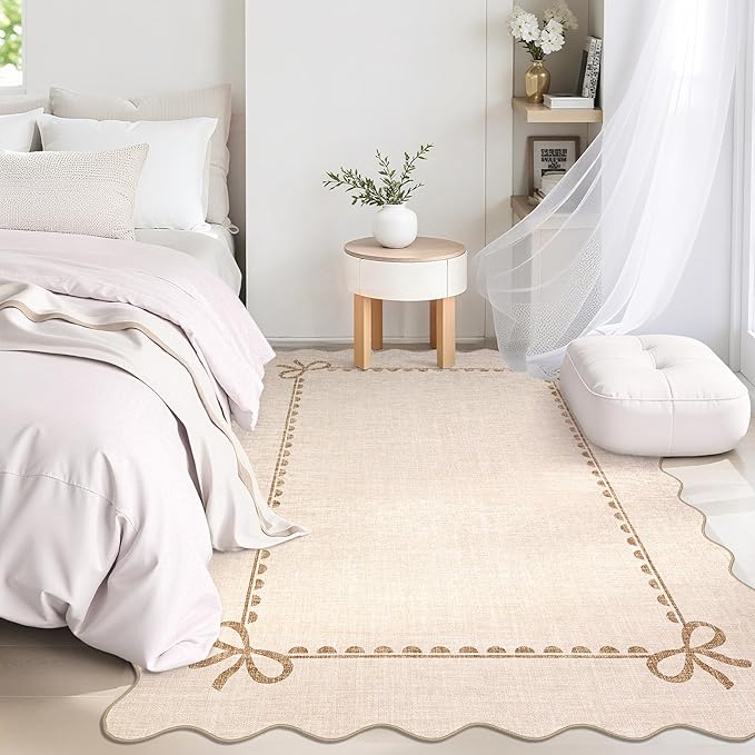 GarveeHome Scalloped Bow Rug for Living Room, Solid Beige Rug for Dorm, Washable Rugs 3x5 Soft Low Pile Non Slip Scalloped Rugs for Nursery Bedroom Decor Hallway Kids Room Playroom