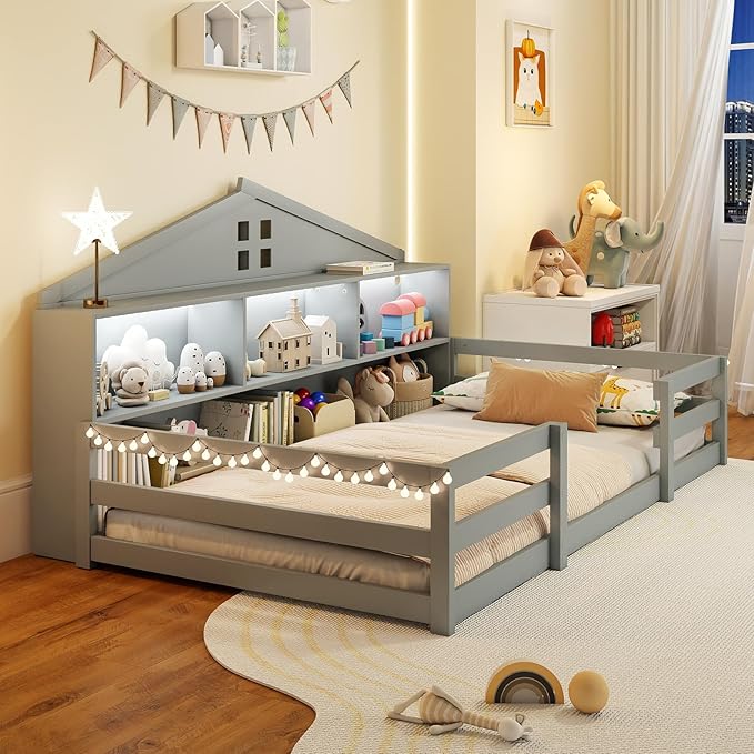 Giantex Twin Size Montessori Floor Bed with LED Lights, 2-in-1 Wooden House Bed Frame with Safety Guardrails, Storage Compartments & Shelf, No Box Spring Needed, Without Slats, Gray