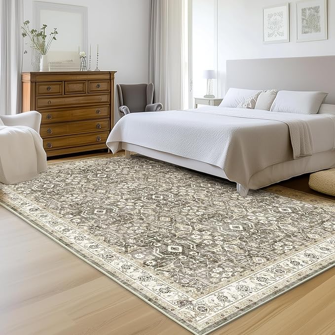 WITSHOCK Living Room Area Rugs 8x10: Washable Rug Boho Soft Non-Slip Low Pile Stain Resistant Foldable Carpet for Bedroom Playroom Dining Room Office Kitchen Farmhouse Home Decor Rug-Brown/Beige