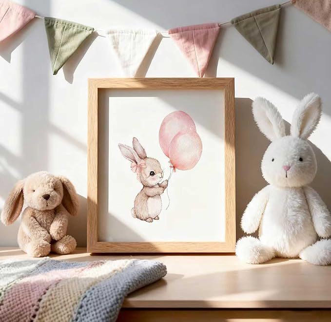 3 Pcs Nursery Bunny Wall art Love Wildflowers Painting Pictures Cute Animal Posters Prints Pink Girl Canvas Wall Decor for Girls and Boys Kids Room Baby Room Decor