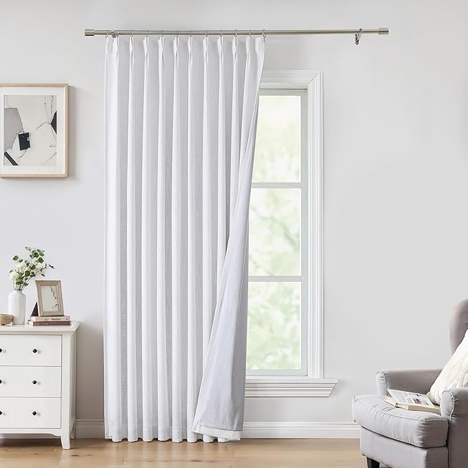 Central Park White Pinch Pleat Full Blackout Curtain Panel 112 Inches Long Thermal Insulated Drapery with Blackout Liner for Farmhouse Bedroom Window Treatment Sets with Hooks, 60"x112"x1