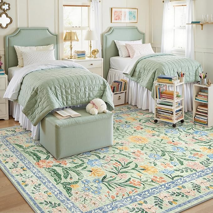 Lahome Machine Washable Area Rugs 8x10 Non Slip, Soft Boho Living Room Rugs, Ultra-Thin Vintage Cottage Throw Carpet for Home Office Dinning Room Kids Playroom, Green/Multi
