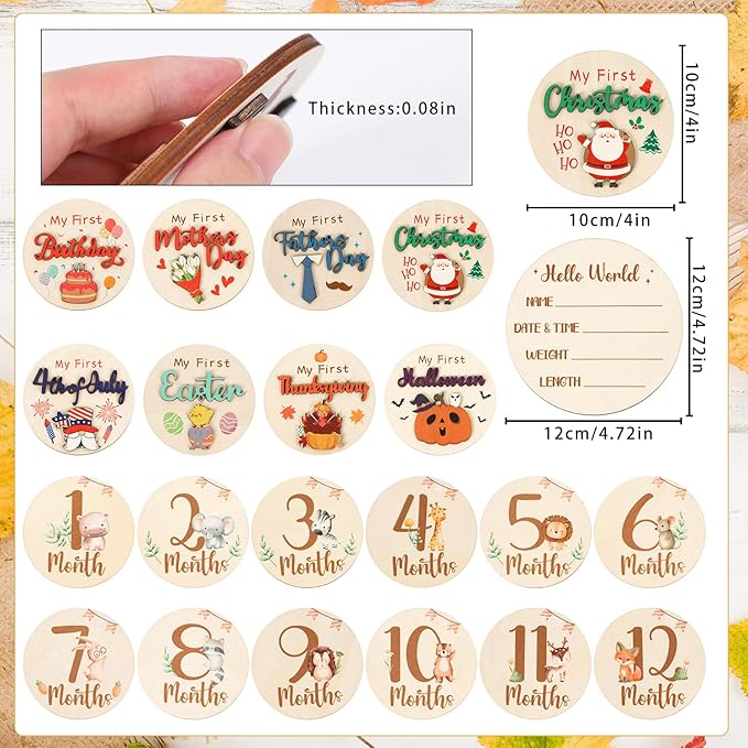 Monthly Baby Milestone Signs, 11PCS Wooden My First Holiday Milestone Cards Newborn Gift, Baby Announcement and Hello World Newborn Sign