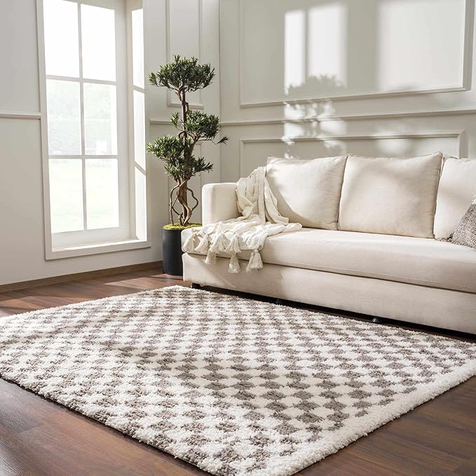 Hauteloom Kieu Contemporary Checkered Fluffy Shag Area Rug - Modern Geometric Soft Carpet Tiles for Living Room, Kids Room, Nursery - Gray, Light Grey, White - 7'10" x 10'