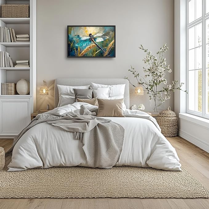 Olivine Dragonfly Wall Art, Vintage Dragonfly Pictures Wall Decor, Nature Painting, Insect Canvas Prints, Framed Artwork for Bathroom Bedroom Living Room Office Home Decoration 36"x24"