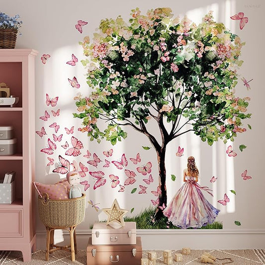 Fairy Garden Wall Decals, Pink Butterfly Large Tree with Princess Design, Removable Peel and Stick Nursery Decor, Cute Girls Room Wall Stickers, 33.5x32.3 Inch (Green Pink)