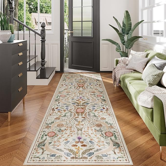 AMTOVO 2.7x8 Runner Rug for Hallway, Washable Non-Slip Long Kitchen Carpet, Floral Vintage Distressed Floor Mat for Hallways Entryway Living Room Laundry Room Bathroom Farmhouse, Beige