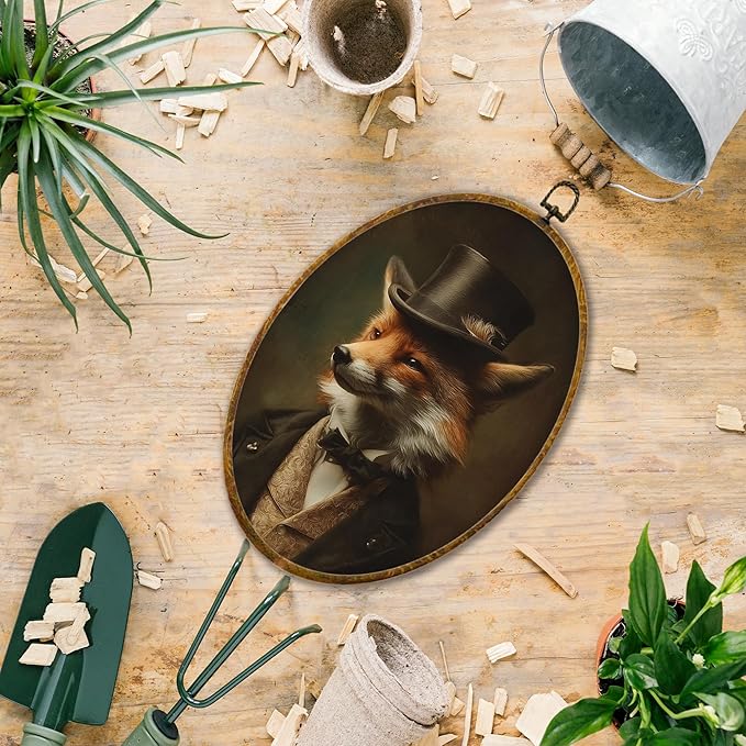 Hiuwevt Retro Fox Oval Wall Art Decor, Vintage Dark Academia Fox Framed Canvas Prints, Retro Renaissance Animal Oval Wall Hanging Decor for Home Living Room Bedroom Decorations, 8.6x11.4 Inches