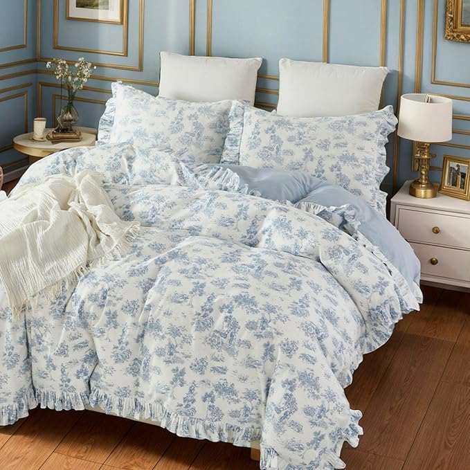 Brandream French Country Toile Duvet Cover Set Full Size for Girls Bedroom Vintage Blue Toile Floral Print 100% Cotton Delicate Ruffle Fringe Soft and Breathable, 3 Pieces Bedding with Zipper Closure