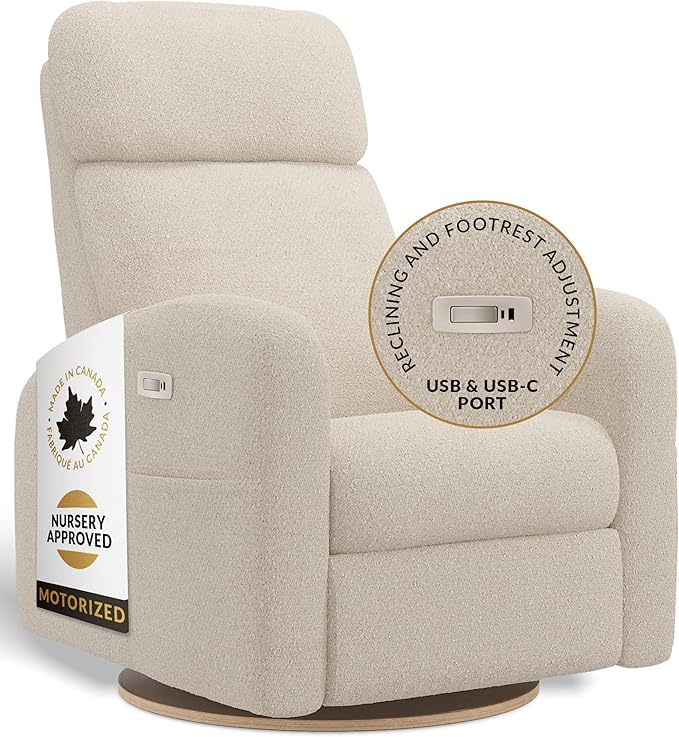 Jaymar Hailey Modern Nursery Glider Recliner Chair (Motorized) – Cozy Nursing Chair with 180° Swivel for New Parents, High Back & Low Armrests, Adjustable headrest, Canadian Made (Beyond Sheep Crème)