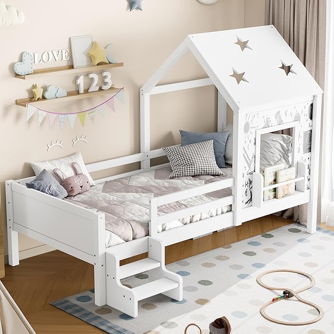 Bellemave Twin House Bed with Rails or guardrails and Bookcase, Wooden Twin House Shape Platform Bed for Boys, Girls, Teens, White