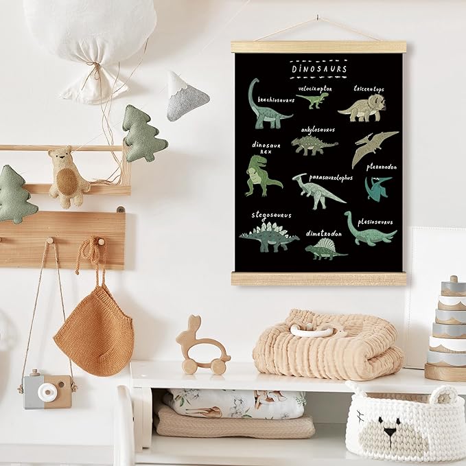 BCUANGD Dinosaur Dino Wall Decor - Baby Toddler Boys Room Wall Art Poster Hanger with Wood Frames, Inspirational Black Hanging Canvas Decor for Kids Room Playroom Nursery Bedroom, 12x16 Inches