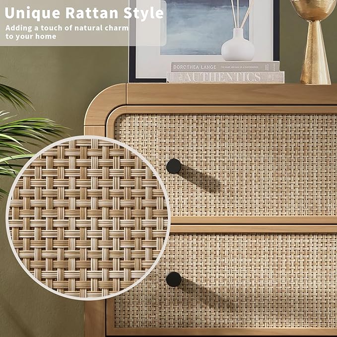Oak&Sparrow 5 Drawer Tall Dresser for Bedroom, 47'' Rattan Dresser with Ample Storage, Boho Chest of Drawers, Thickened Curved Profile Design, Oak Dressers for Bedroom, Living Room