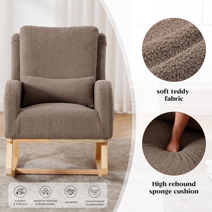 Rocking Chair Nursery,Sherpa Nursing Rocking Chairs, Upholstered Nursery Glider Rocker Wingback Morden Rocking Chair with Lumbar Pillow for Mom Nursery, Living Room, Bedroom, Teddy Coffee