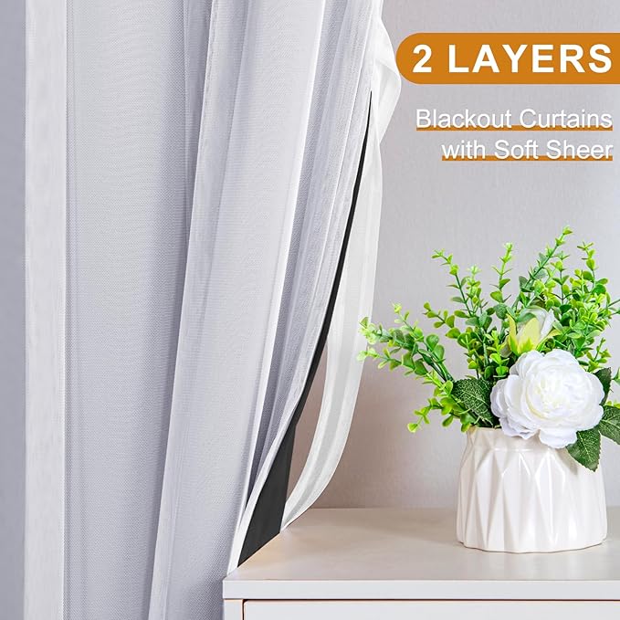 DWCN Black Layered Curtains for Living Room Blackout and Sheer Curtains Grommet Top Window Panels with Sheer Overlay for Bedroom, 52 W by 96 L, 2 Pieces