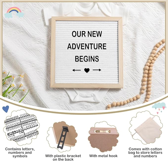 9 Pcs Pregnancy Announcement Set Pregnancy Reveal Ideas Felt Letter Board Baby Bodysuit Booties Photo Frame Bear Plush Wood Blocks for Coming Soon Baby Announcement(White)