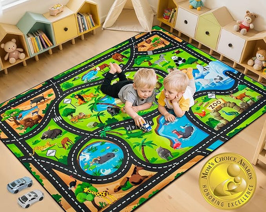 Kids Rug, 5x7 FT Animal Car Rugs for Kids Toy Cars, Extra Thick (0.4in) - Non-Slip Zoo Road Rug Mat Carpet for Playroom & Bedroom, Educational Learning & Game Area