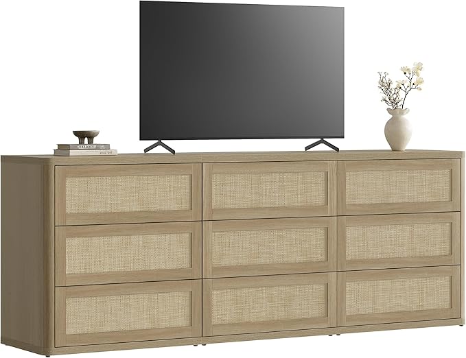 SICOTAS Dresser for Bedroom - 9 Drawer Dresser for Nursery 78.5" Wide Rattan Dressers & Chests of Drawers Boho Drawers for Bedroom Living Room Clothes Long Closet Storage for Closet Hallway Entryway
