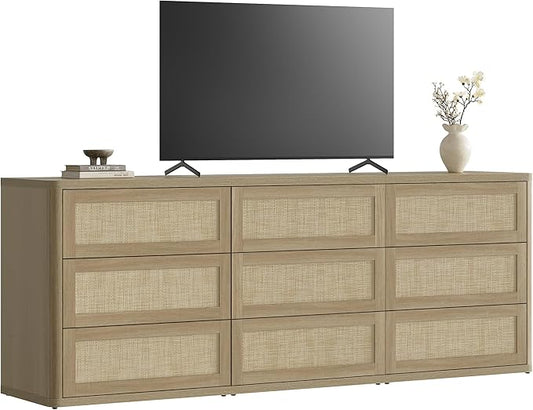 SICOTAS Dresser for Bedroom - 9 Drawer Dresser for Nursery 78.5" Wide Rattan Dressers & Chests of Drawers Boho Drawers for Bedroom Living Room Clothes Long Closet Storage for Closet Hallway Entryway