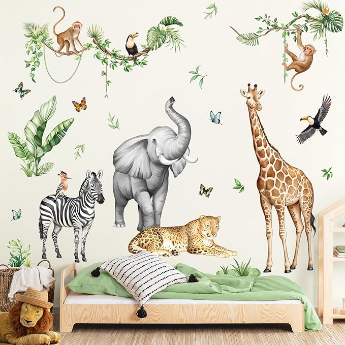 Jungle Safari Animal Wall Decals for Kids Room - Wildlife Wall Stickers Giraffe Elephant Leopard Zebra Monkey Removable Vinyl Nursery Decor for Baby Toddlers Classroom Playroom Wall Decor