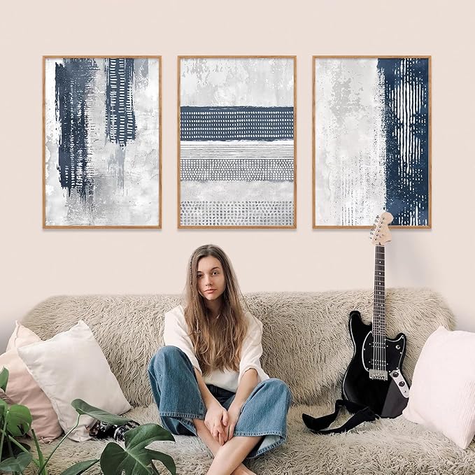 HLNIUC Navy Blue Abstract Framed Wall Art Set, Neutral Minimalist Canvas Wall Decor, Mid Century Modern Wall Painting, Grey Geometric Art Print for Living Room, Bedroom, Office - 24"x36"x3