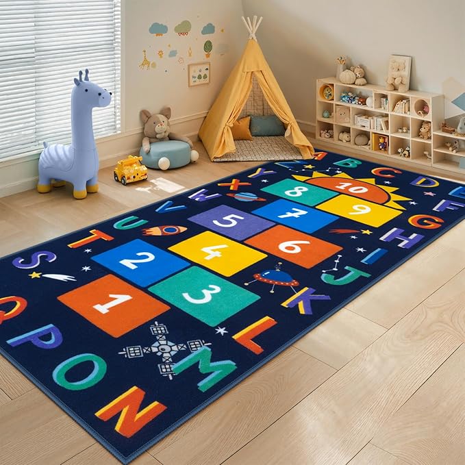 STARUIA Washable Hopscotch Kids Rugs for Playroom, Colorful Educational Classroom Rug with ABC Number, Non Slip Boy Kids Room Rug Space Game Carpet for Bedroom Nursery（Dark Blue, 31.5''x72''）