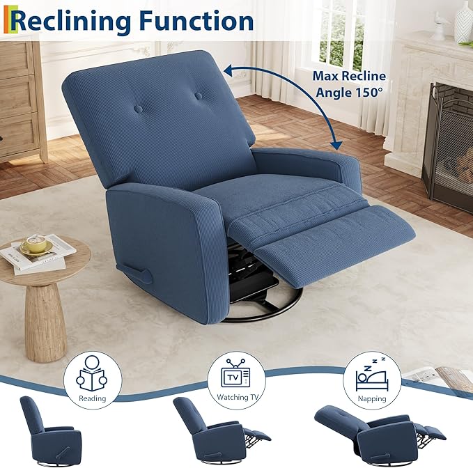 GarveeHome Recliner Chairs, Swivel Rocker Recliner, Glider Recliner Nursery Chair for Adults, 360° Swivel Glider Rocking Chair for Living Room, Bedroom, Office, RV, Small Spaces, Corduroy, Dark Blue