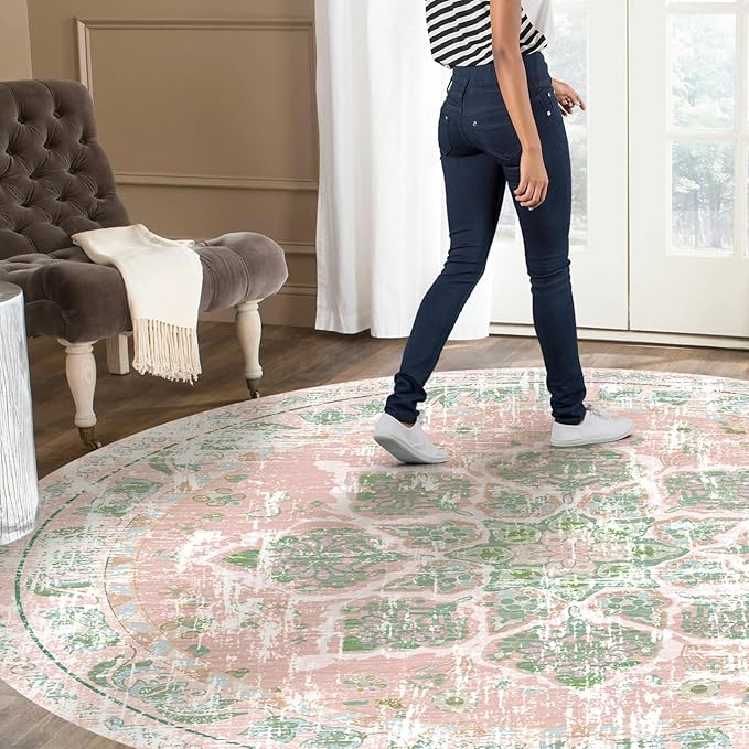 Vhong Boho Area Rugs Vintage Washable Modern Neutral 9×9 Round Carpet Dusty Pink and Green High Traffic Rugs for Dinning Room Living Room Bedroom Farmhouse Non Slip