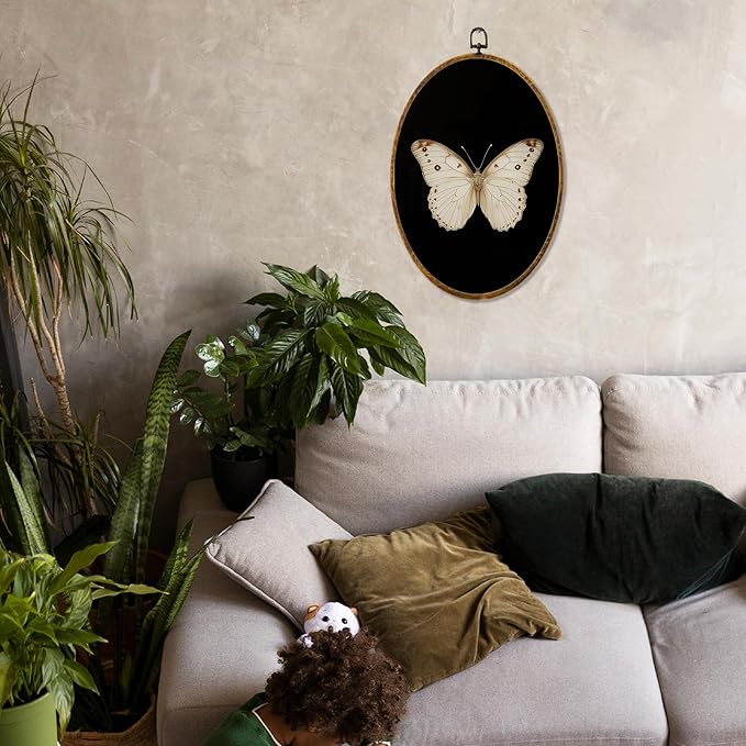 Hiuwevt Vintage White Butterfly Oval Wall Art Decor, Retro Antique Moth Framed Canvas Prints, Neutral Moody Insect Oval Wall Hanging Decor for Home Bedroom Gallery Decorations, 8.6x11.4 Inches