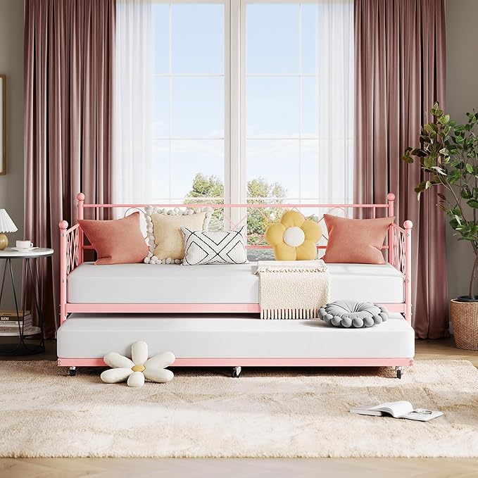 Daybed with Trundle, Trundle Bed Twin with Heart-shaped Headboard for Kids, Sturdy Metal Day Bed with Steel Slat Support, Twin Daybed for Living Room, Bedroom and Guest Room, Easy Assembly, Pink