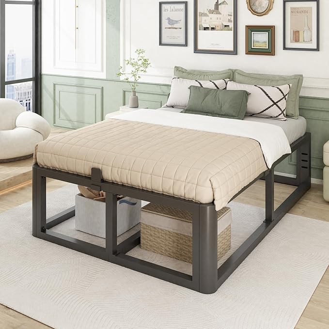 Metal Heavy Duty 18 inch Full Bed Frame with Rounded Corner and Headboard Hole Mattress Retainers 3500 LBS No Box Spring Needed Platform Noise Free Easy Assembly