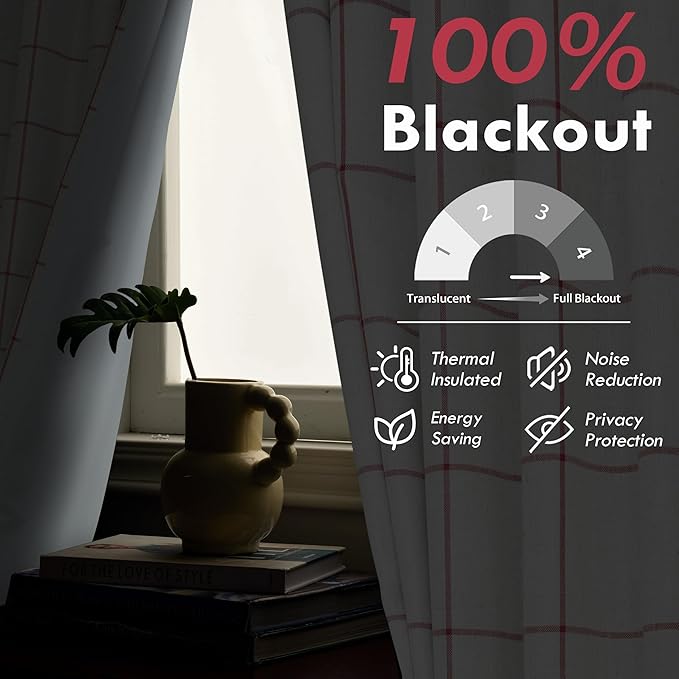 DriftAway 2 Panels 100% Blackout Windowpane Plaid Linen Curtains Double Layer Drapes for Bedroom 84 Inches Long Farmhouse Thermal Insulated 3.25 Inch Rod Pocket Back Tab for Living Room Red